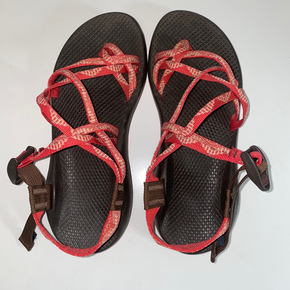 Pink and brown womens chacos